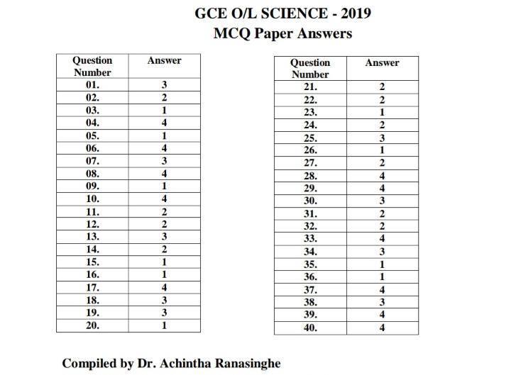 OL 2019 Science MCQ answers
